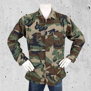Vintage 80's Woodland Military Army Camo Coat Shirt Size Medium BDU